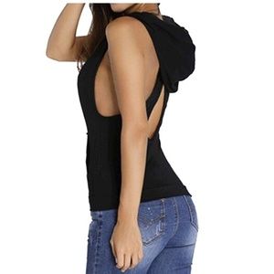 Black Sleeveless Hoodie Top Cross Back